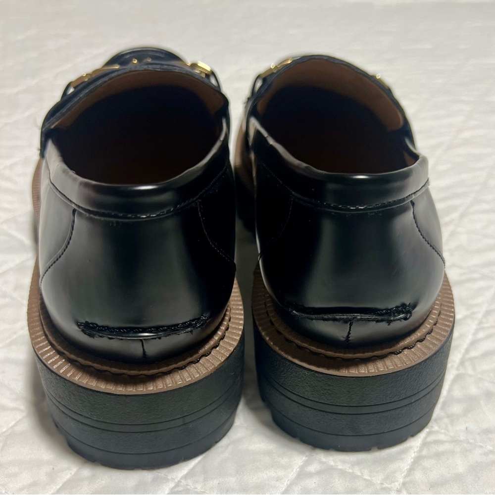 Sam Edelman Black Patent Laurs Lug Sole Loafers Gold Bit Buckle Platform - Picture 5 of 8